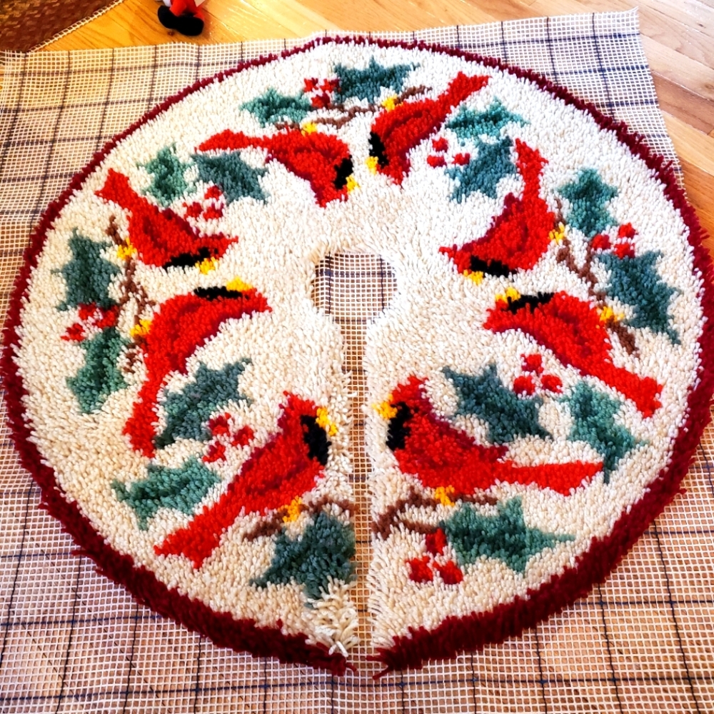Completed Herrschner Decorative Latch Hook Christmas Tree Skirt